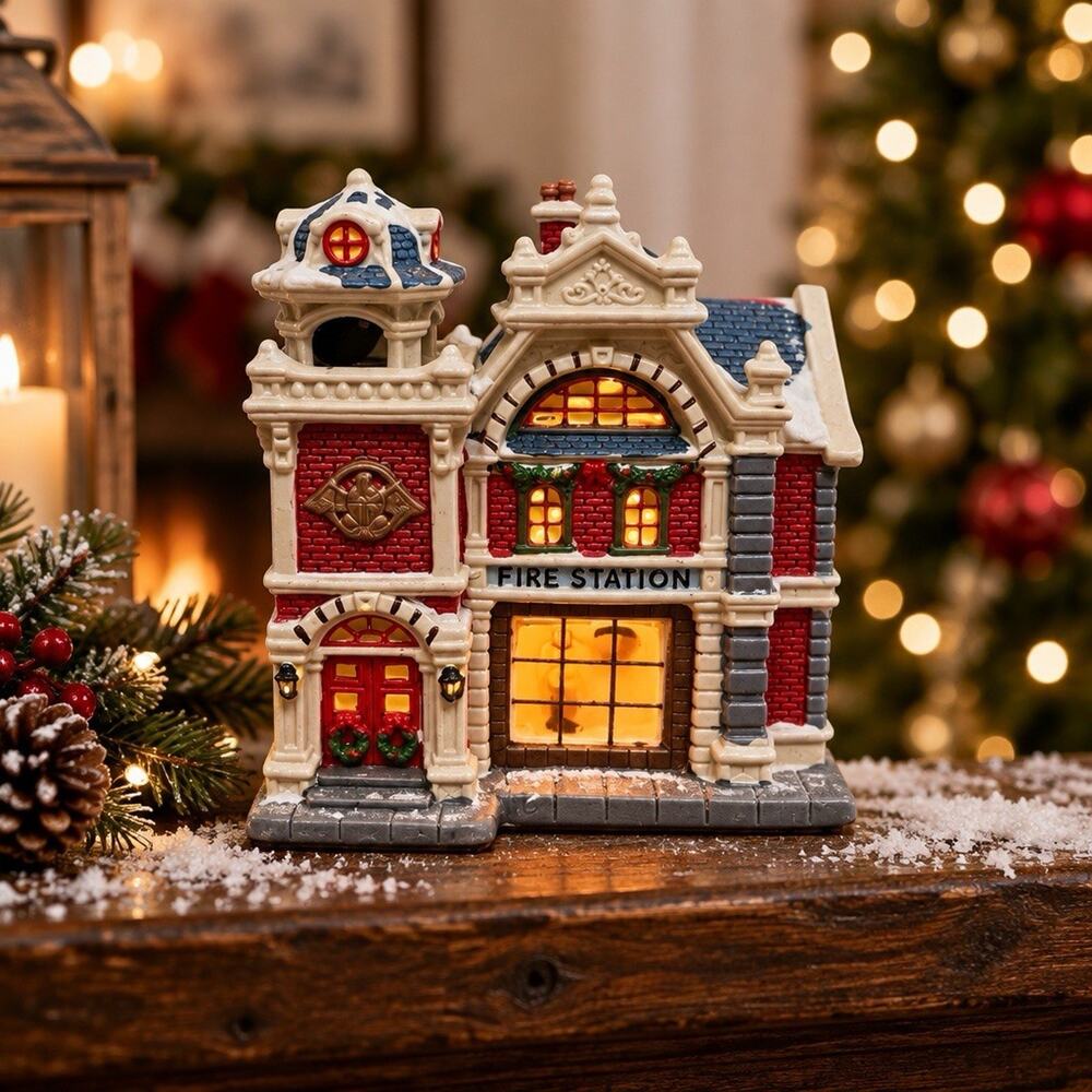 UL Hand Decorate Lite Up Fire Station Ceramic House 4 Feet Cord With Switch